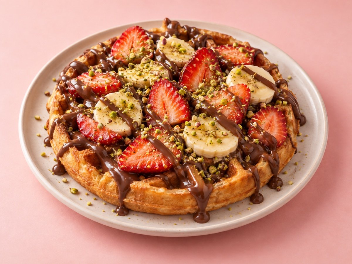 Çilek, muz, çikolata ve Antep fıstığıyla hazırlanmış waffle